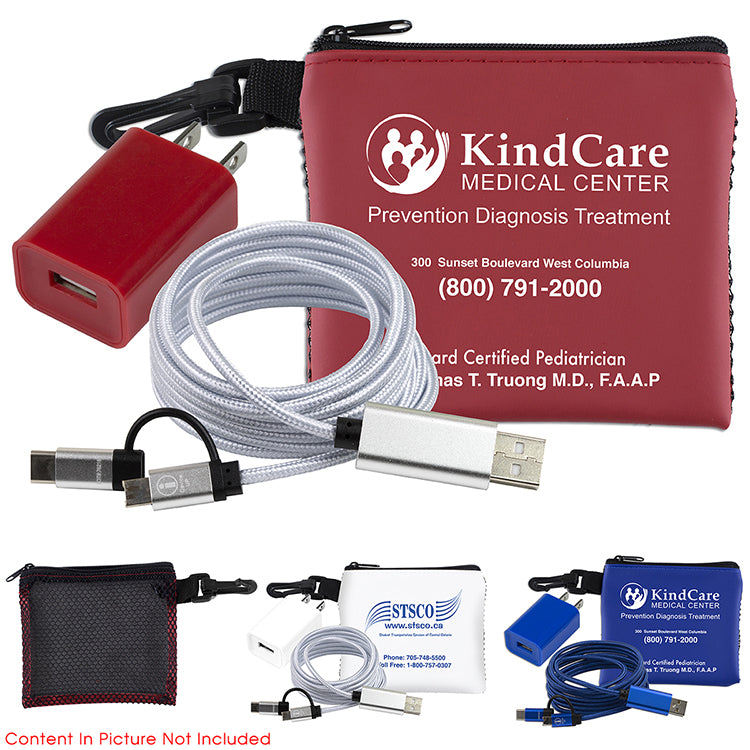 Blue “TechMesh Pro” Mobile Tech Charging Cable Kit in Mesh Zipper Pouch Components inserted into Zipper P