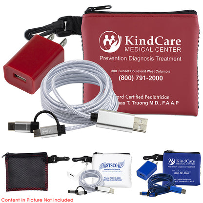 Blue “TechMesh Pro” Mobile Tech Charging Cable Kit in Mesh Zipper Pouch Components inserted into Zipper P