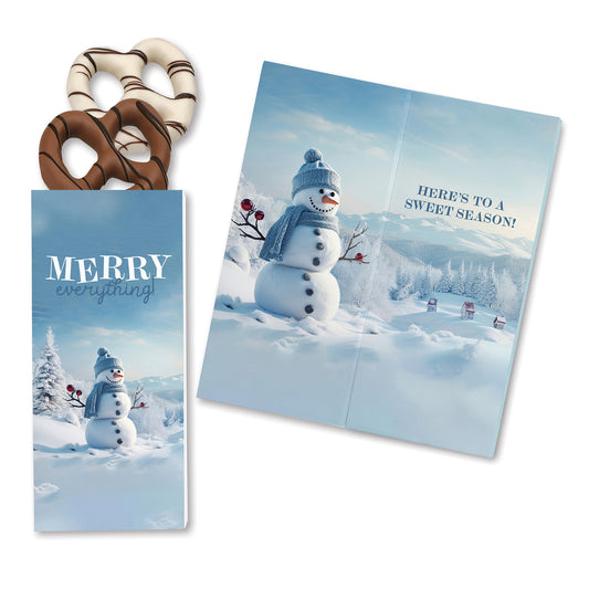One Color Foil-Stamped Stock Snowman Sweeter Cards with Chocolate Dipped Pretzels