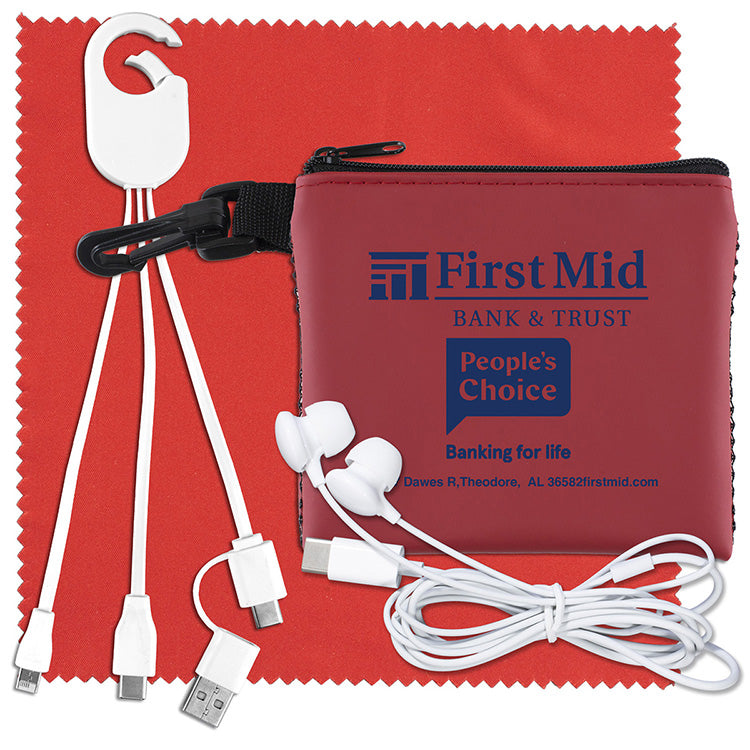 “TechMesh Hang Tunes” Mobile Tech Charging Kit with Earbuds and Charging Cable in Mesh Zipper Pouch