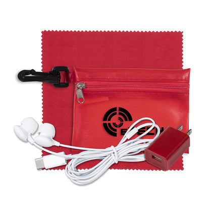 “TechClear” Mobile Tech Accessory Kit in Translucent Carabiner Zipper Pouch Components inserted into