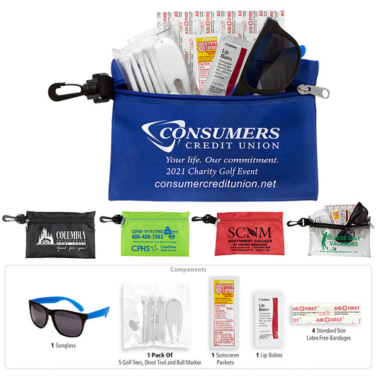 "CHIP" 15 Piece Golf Kit in Supersized Zipper Pack Components inserted into Zipper kit with Carabine