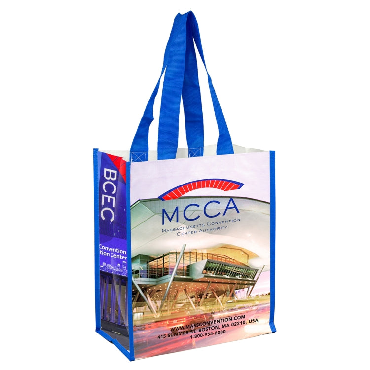 12"W x 14"H x 7”Gusset - "NICOLE" Full Color Laminated Woven Wrap Tote and Shopping Bag