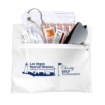 "LAYOVER" 16 Piece Golf Kit in Travel Pack with Components inserted into Zipper Kit
