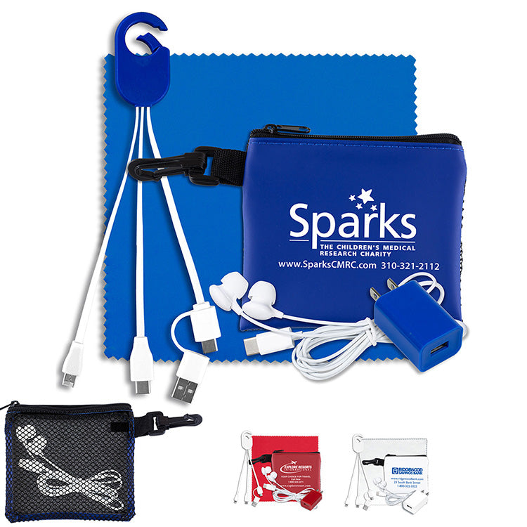 Blue “TechMesh Clip” Mobile Tech Accessory Kit in Mesh Zipper Pouch Components inserted into Zipper Pouch