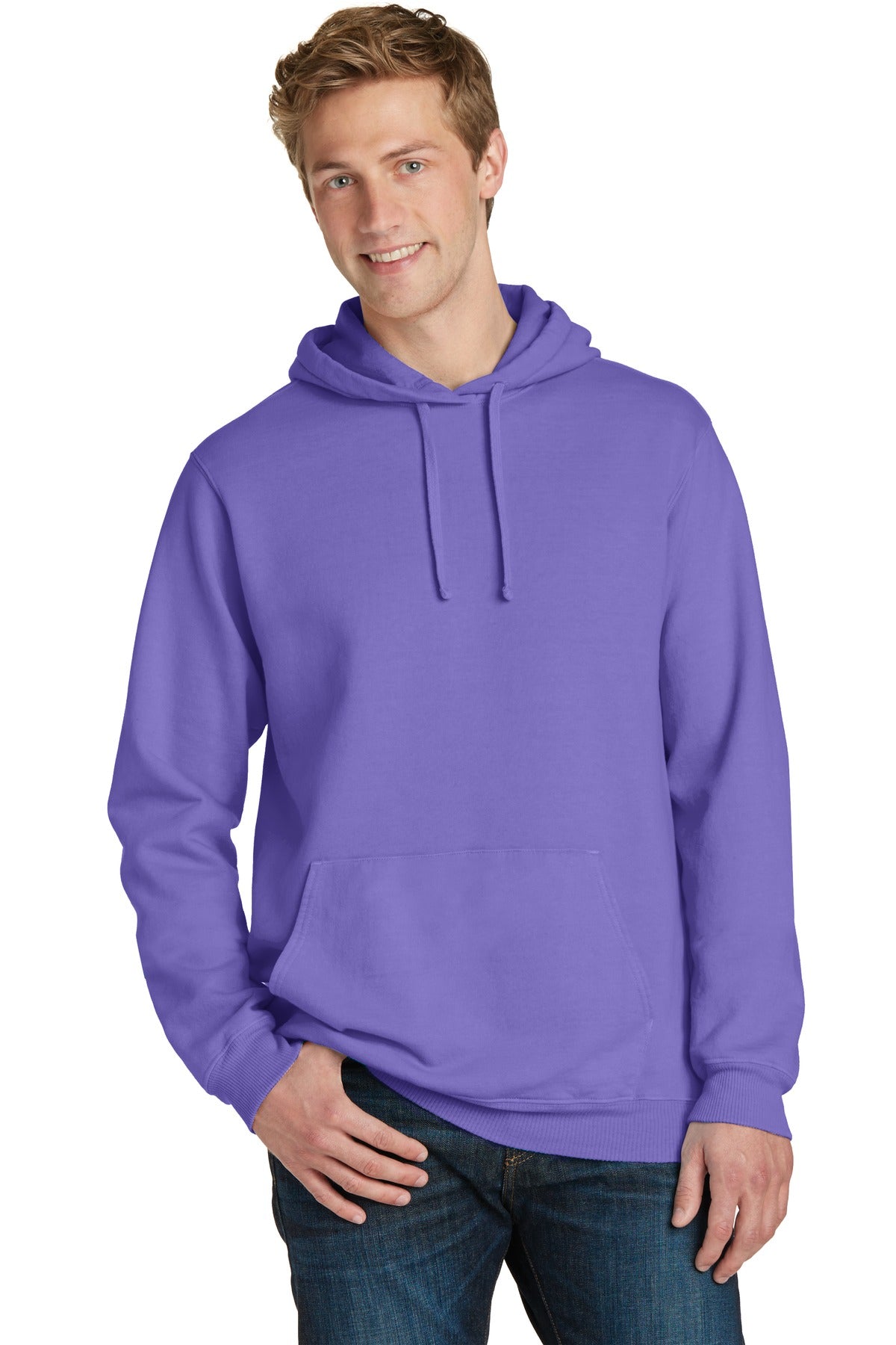 Front View of Amethyst Port & Company Beach Wash Garment-Dyed Pullover Hooded Sweatshirt. PC098H