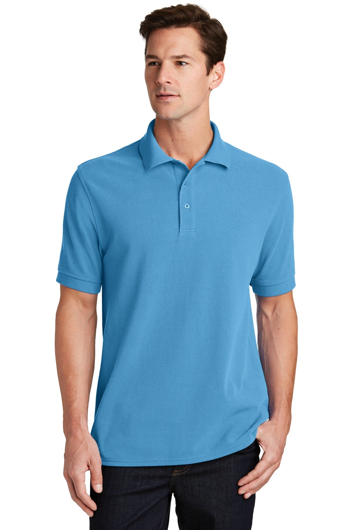 Front View of Aquatic Blue Port & Company Combed Ring Spun Pique Polo. KP1500