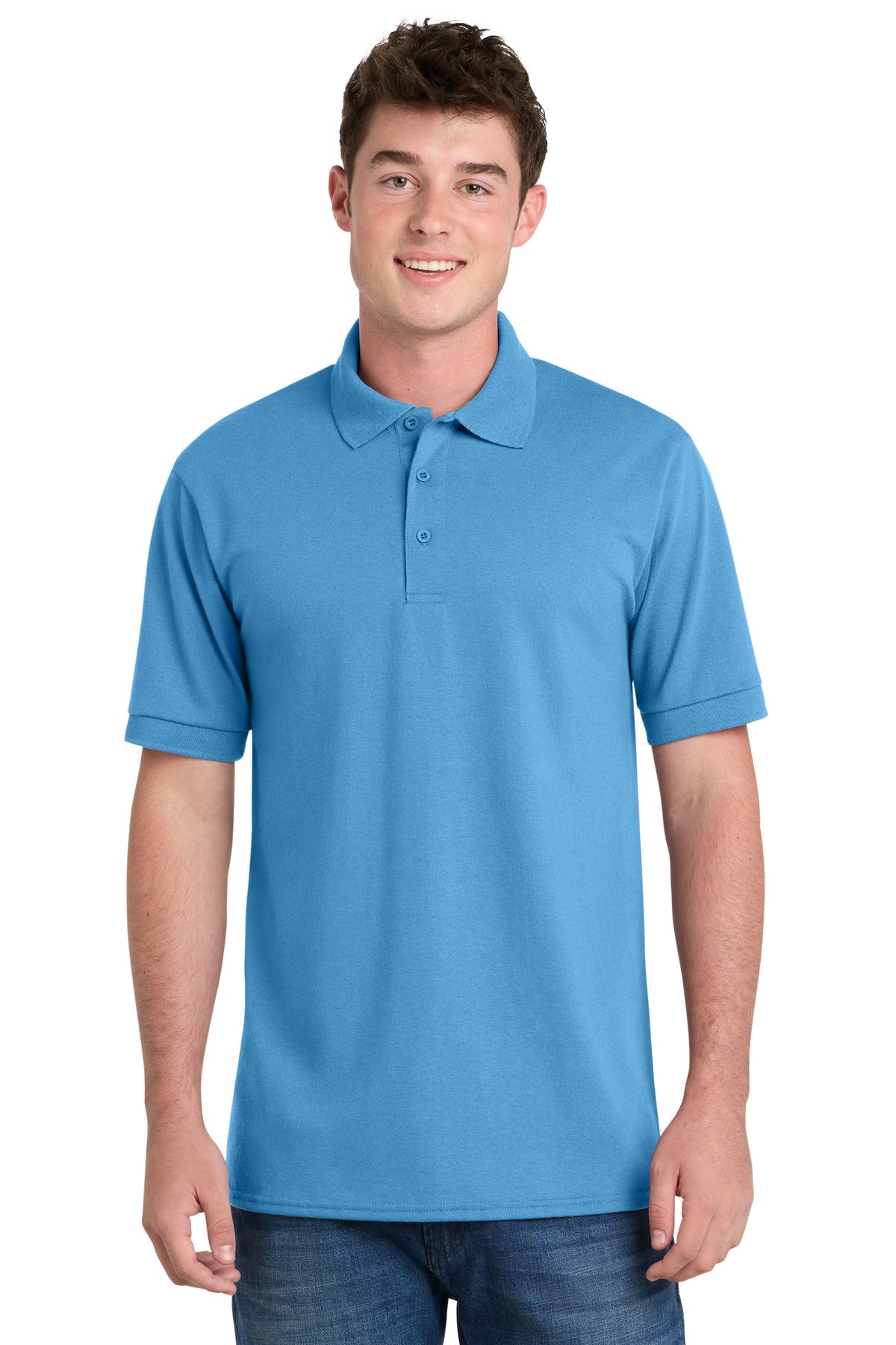 Front View of Aquatic Blue Port & Company Tall Core Blend Jersey Knit Polo. KP55T