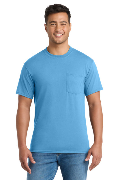 Front View of Aquatic Blue Port & Company Tall Core Blend Pocket Tee. PC55PT