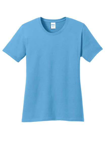 Front View of Aquatic Blue Port & Company Women's Core Cotton Tee. LPC54