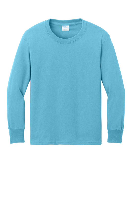 Front View of Aquatic Blue Port & Company Youth Long Sleeve Core Cotton Tee. PC54YLS