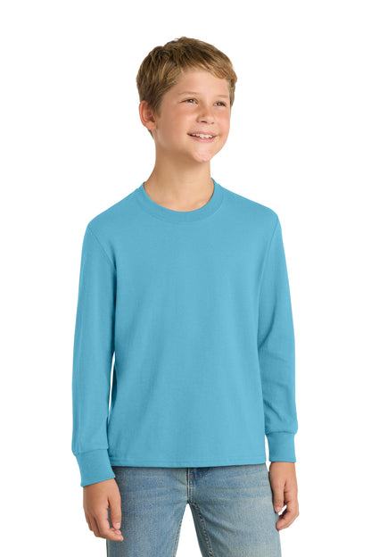 Front View of Aquatic Blue Port & Company Youth Long Sleeve Core Cotton Tee. PC54YLS
