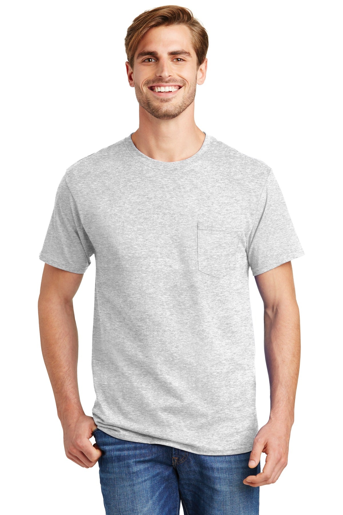 Front View of Ash Hanes - Authentic 100% Cotton T-Shirt with Pocket. 5590