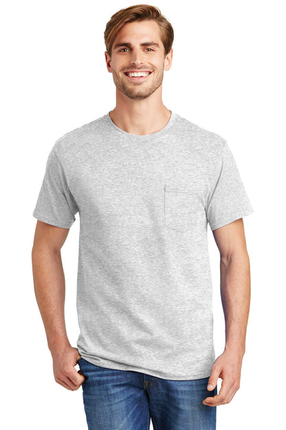 Front View of Ash Hanes - Authentic 100% Cotton T-Shirt with Pocket. 5590