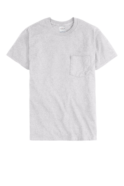 Front View of Ash Hanes - Authentic 100% Cotton T-Shirt with Pocket. 5590