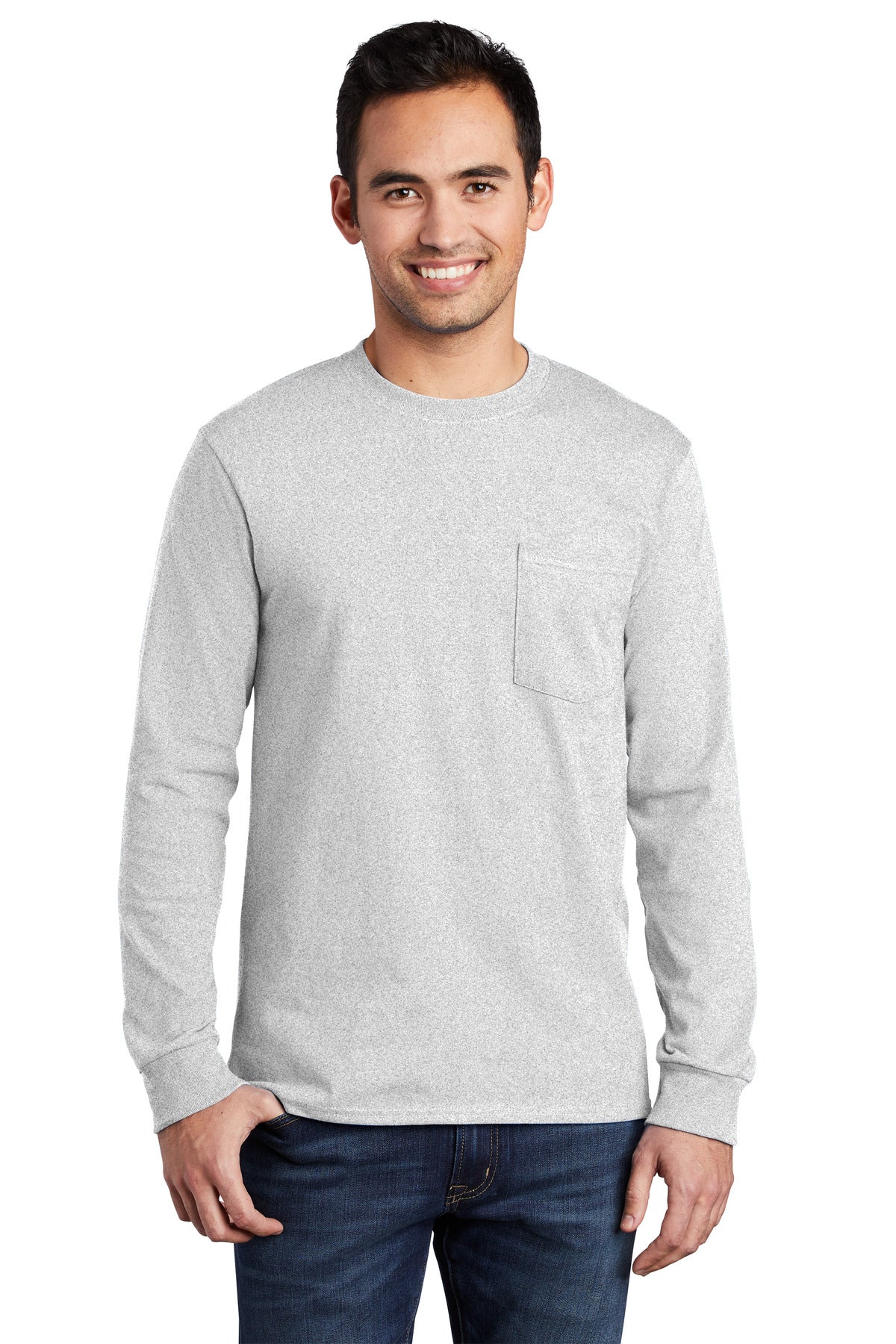 Front View of Ash Port & Company Long Sleeve Essential Pocket Tee. PC61LSP