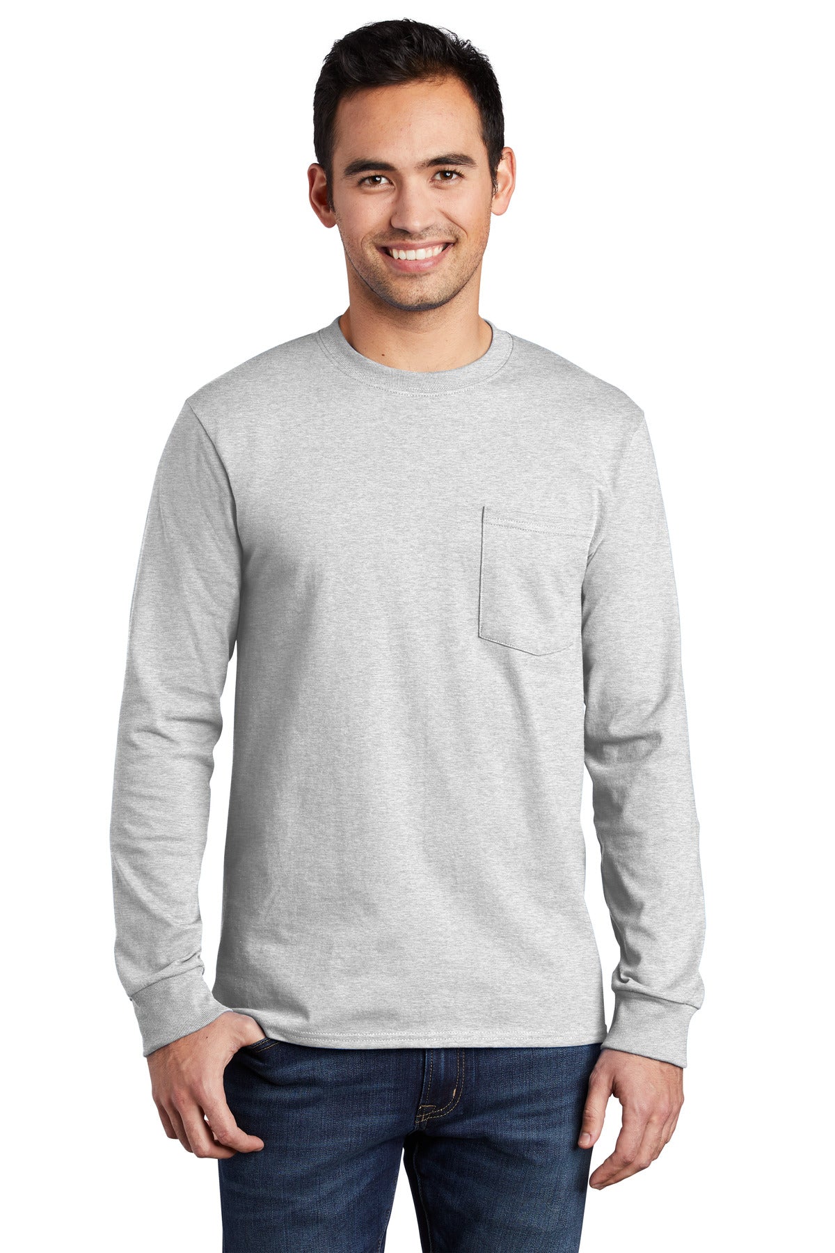 Front View of Ash Port & Company Tall Long Sleeve Essential Pocket Tee. PC61LSPT