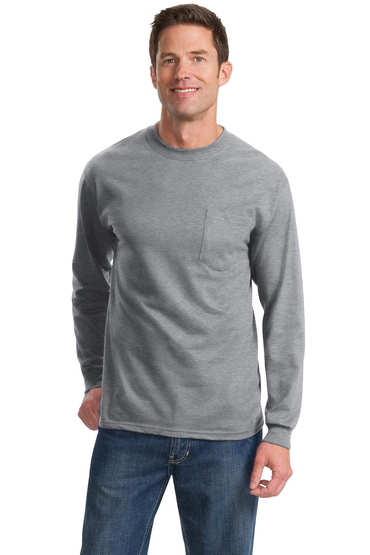 Front View of Ath Heather Port & Company Long Sleeve Essential Pocket Tee. PC61LSP
