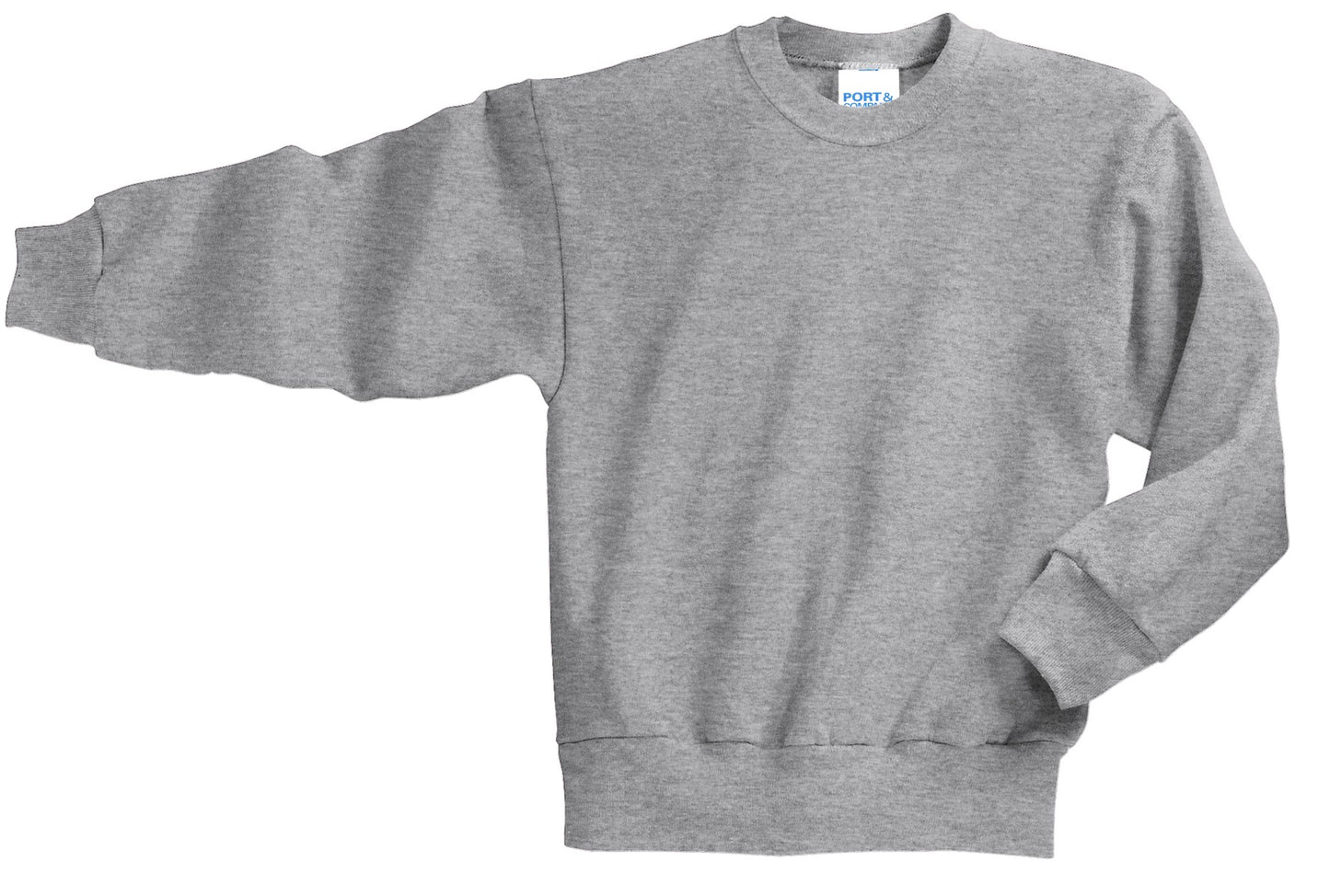 Front View of Ath. Heather Port & Company Youth Core Fleece Crewneck Sweatshirt. PC90Y