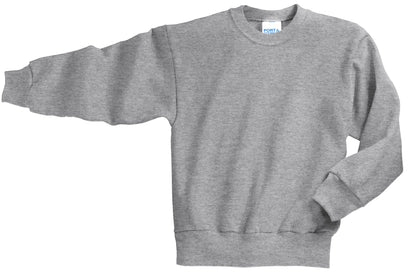 Front View of Ath. Heather Port & Company Youth Core Fleece Crewneck Sweatshirt. PC90Y