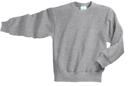Front View of Ath. Heather Port & Company Youth Core Fleece Crewneck Sweatshirt. PC90Y