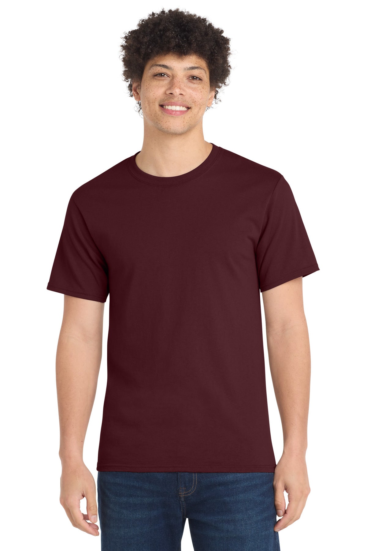 Front View of Ath Maroon Port & Company Tall Essential Tee. PC61T