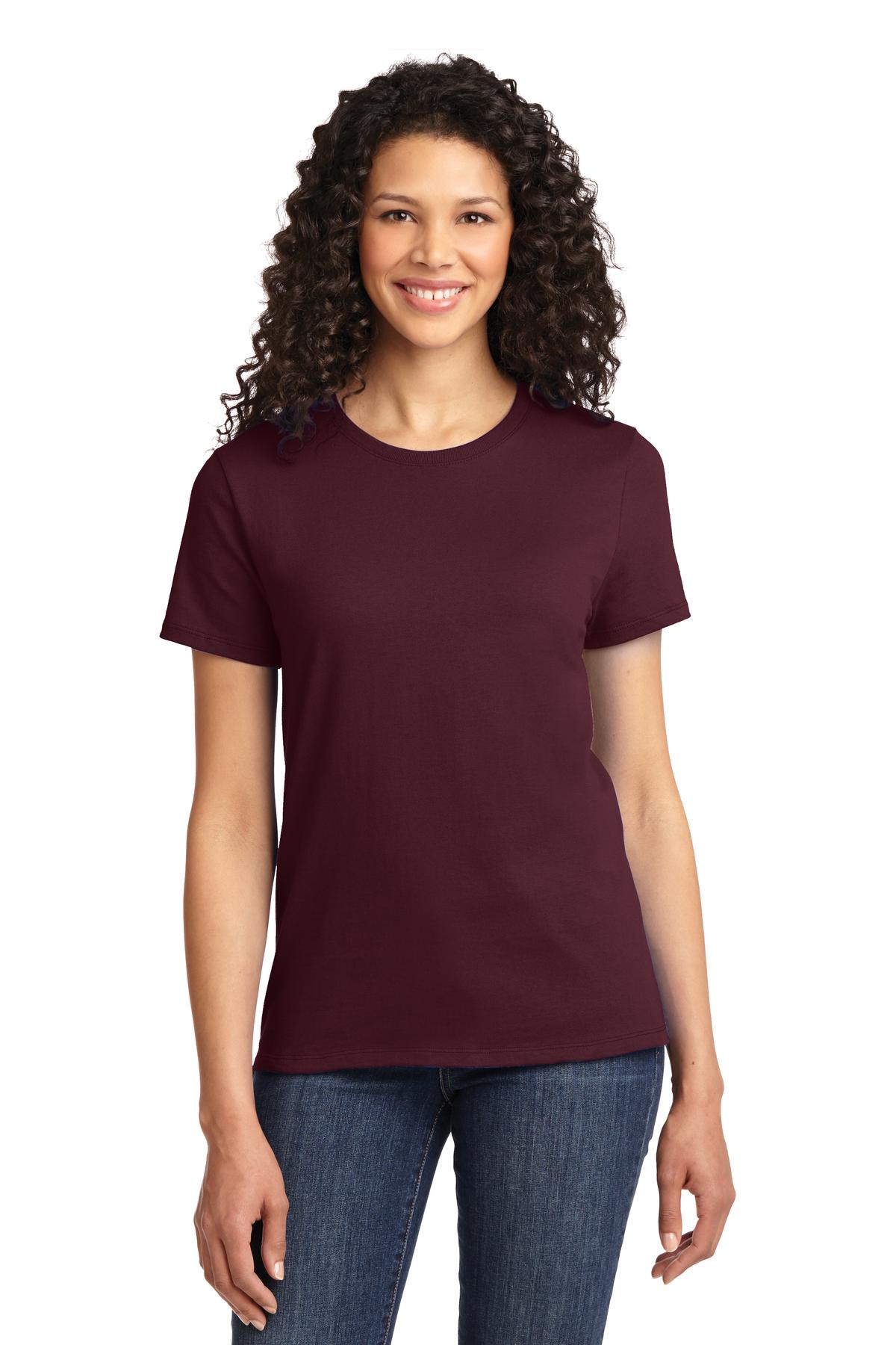 Front View of Ath Maroon Port & Company Women's Essential Tee. LPC61
