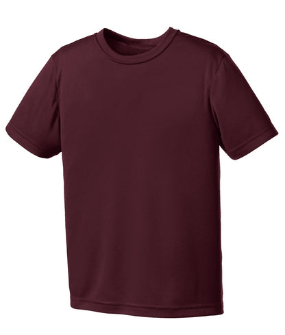 Front View of Ath Maroon Port & Company Youth Performance Tee. PC380Y