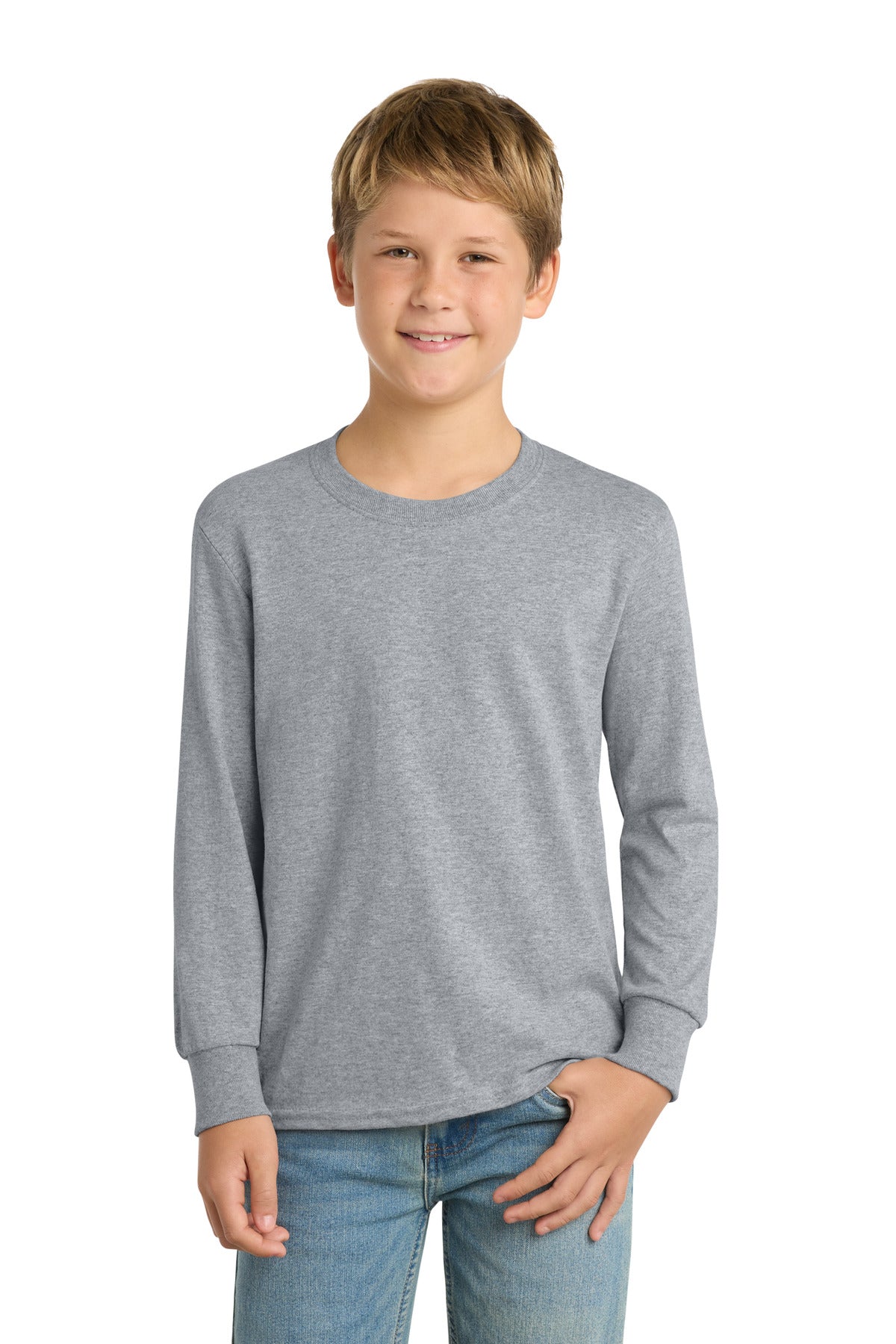Front View of Athl Heather Port & Company Youth Long Sleeve Core Cotton Tee. PC54YLS