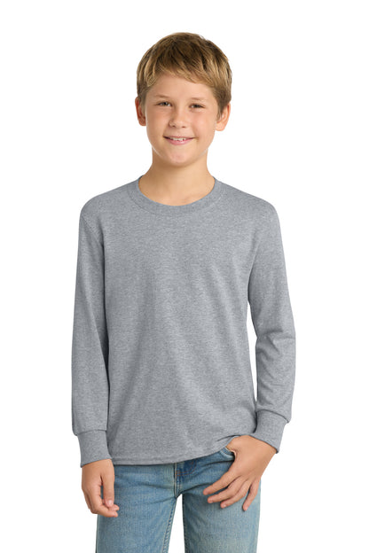 Front View of Athl Heather Port & Company Youth Long Sleeve Core Cotton Tee. PC54YLS