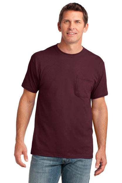 Front View of Athl Maroon Port & Company Core Cotton Pocket Tee. PC54P