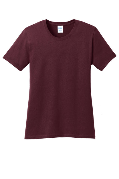 Front View of Athl Maroon Port & Company Women's Core Cotton Tee. LPC54