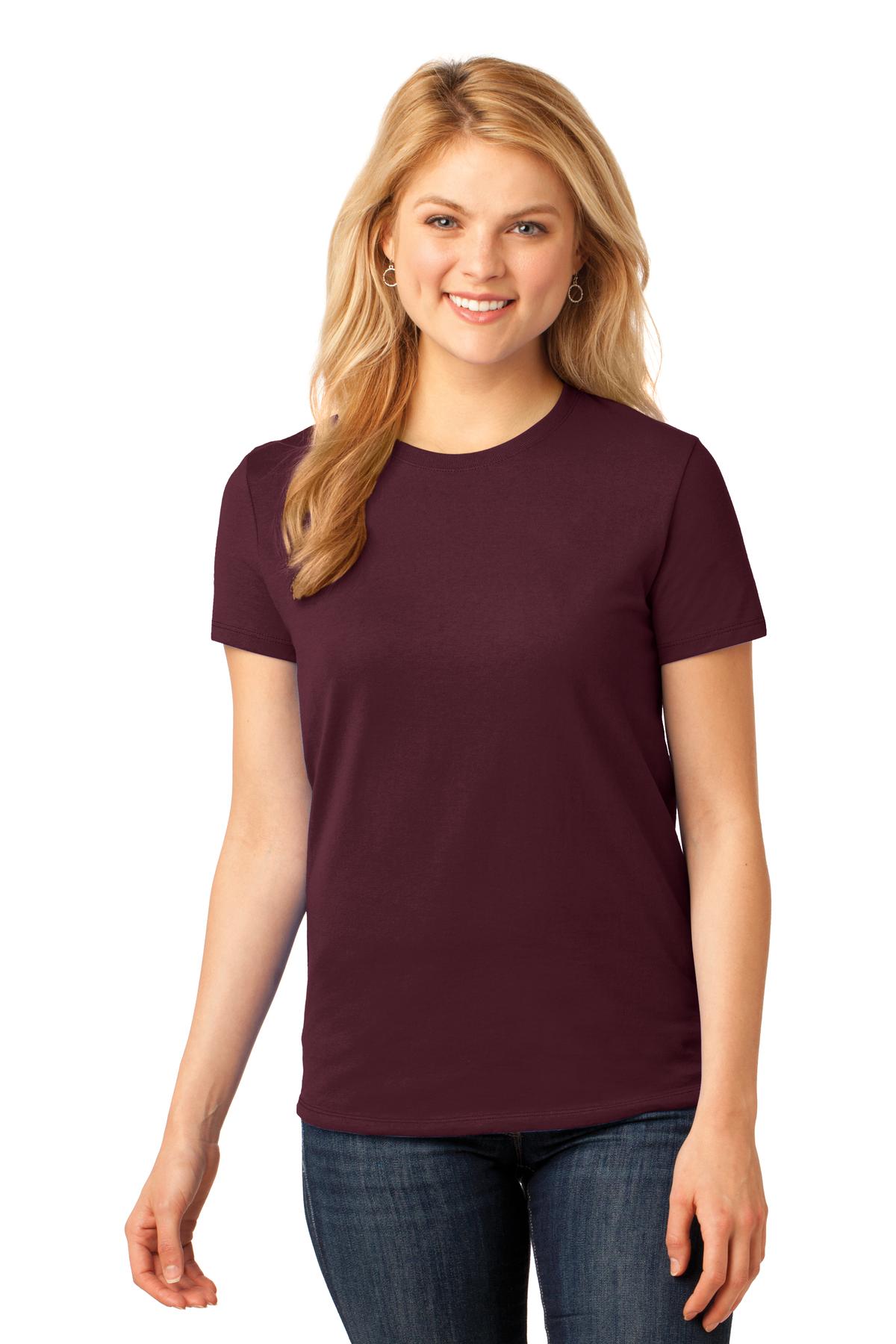 Front View of Athl Maroon Port & Company Women's Core Cotton Tee. LPC54