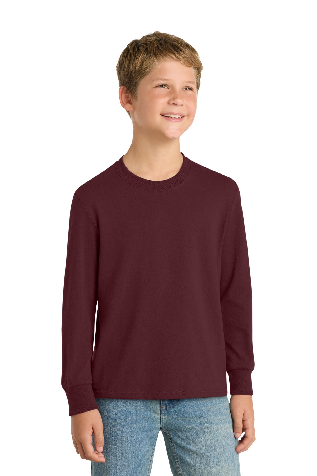 Front View of Athl Maroon Port & Company Youth Long Sleeve Core Cotton Tee. PC54YLS