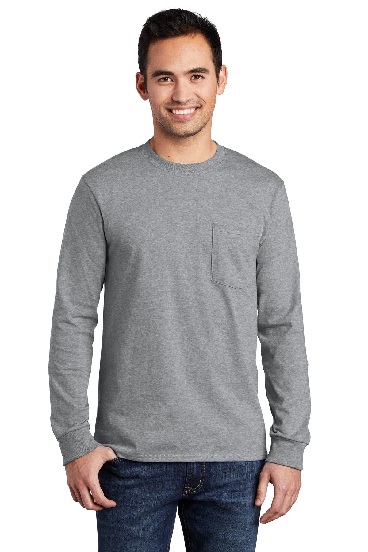 Front View of Athletic Hthr Port & Company Tall Long Sleeve Essential Pocket Tee. PC61LSPT