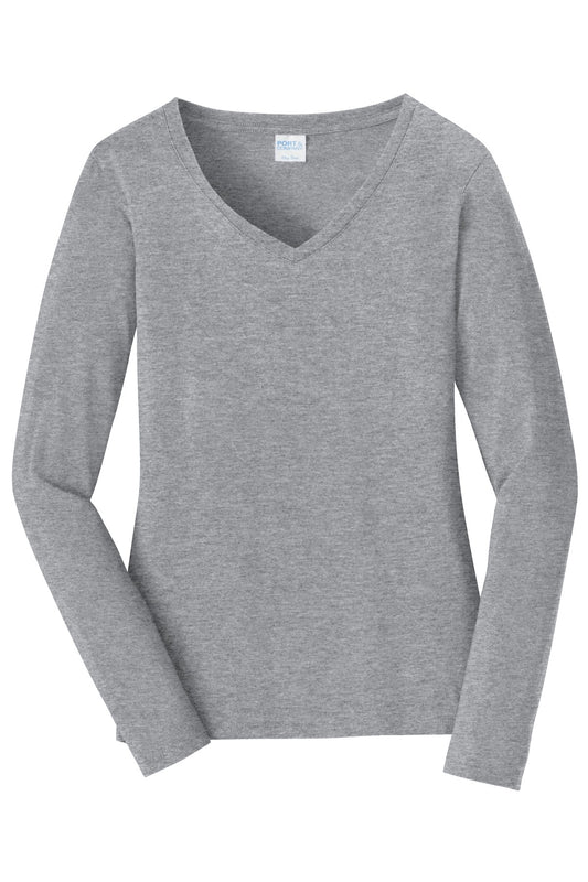 Front View of Athletic Hthr Port & Company Women's Long Sleeve Fan Favorite V-Neck Tee. LPC450VLS