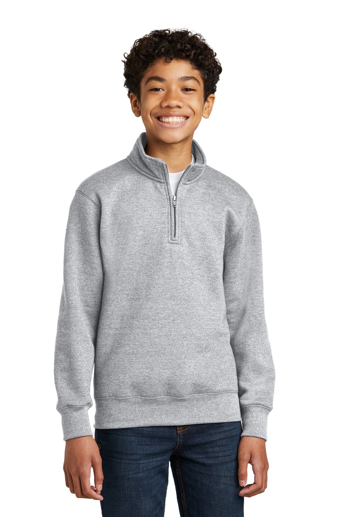 Front View of AthlHthr Port & Company Youth Core Fleece 1/4-Zip Pullover Sweatshirt PC78YQ