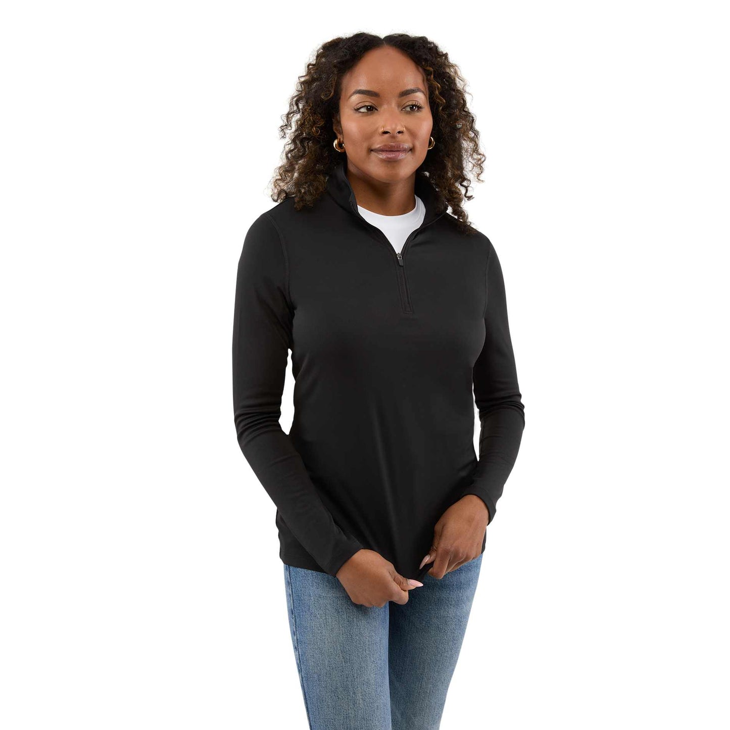 Front View of Black DARA Knit Quarter Zip - Women's plain