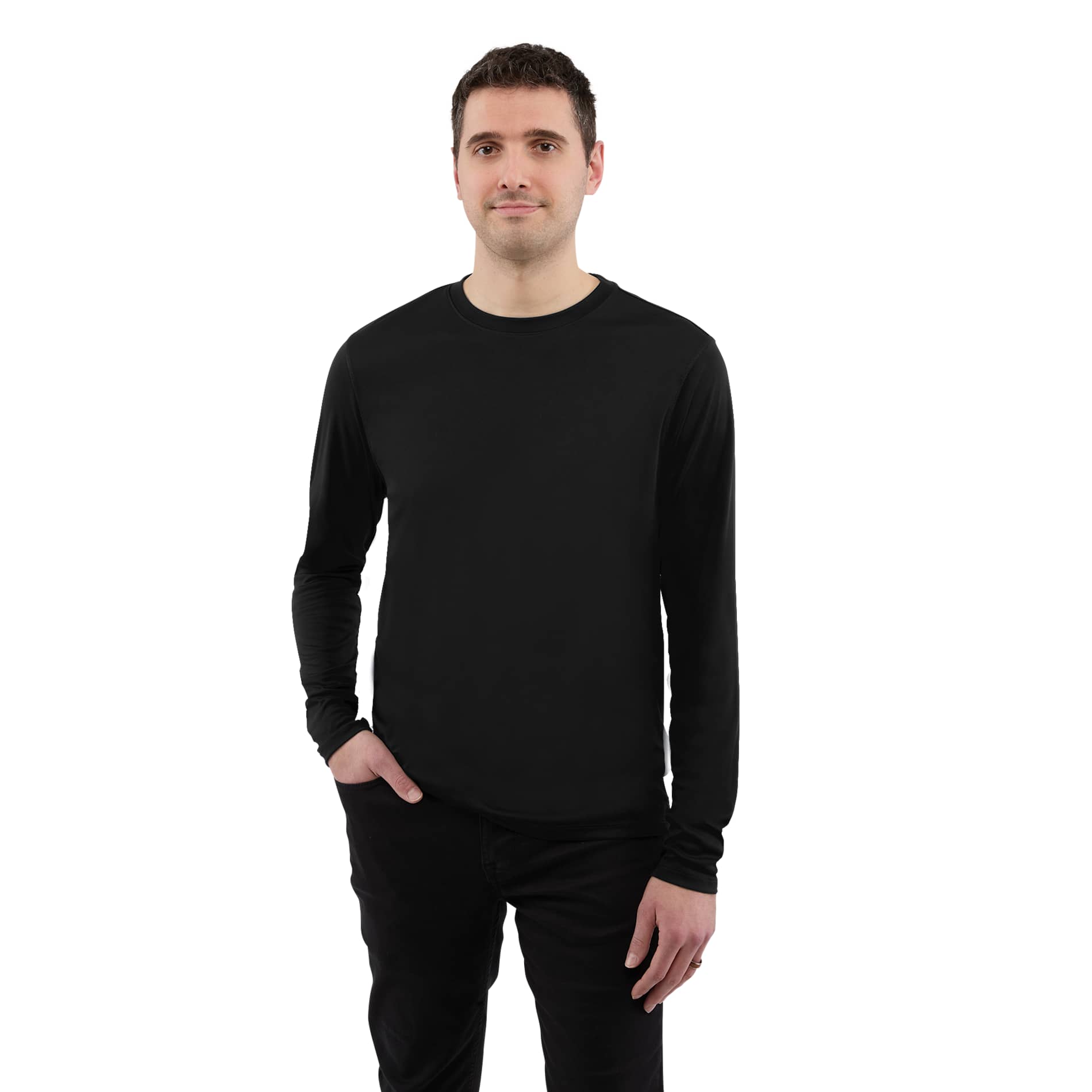Front View of Black DARA LS Tech Tee - Men's plain