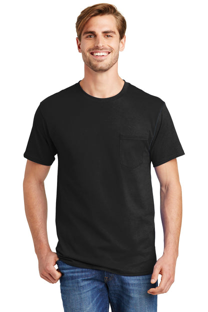 Front View of Black Hanes - Authentic 100% Cotton T-Shirt with Pocket. 5590