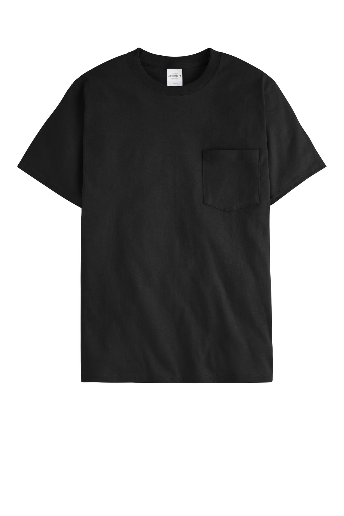 Front View of Black Hanes - Authentic 100% Cotton T-Shirt with Pocket. 5590