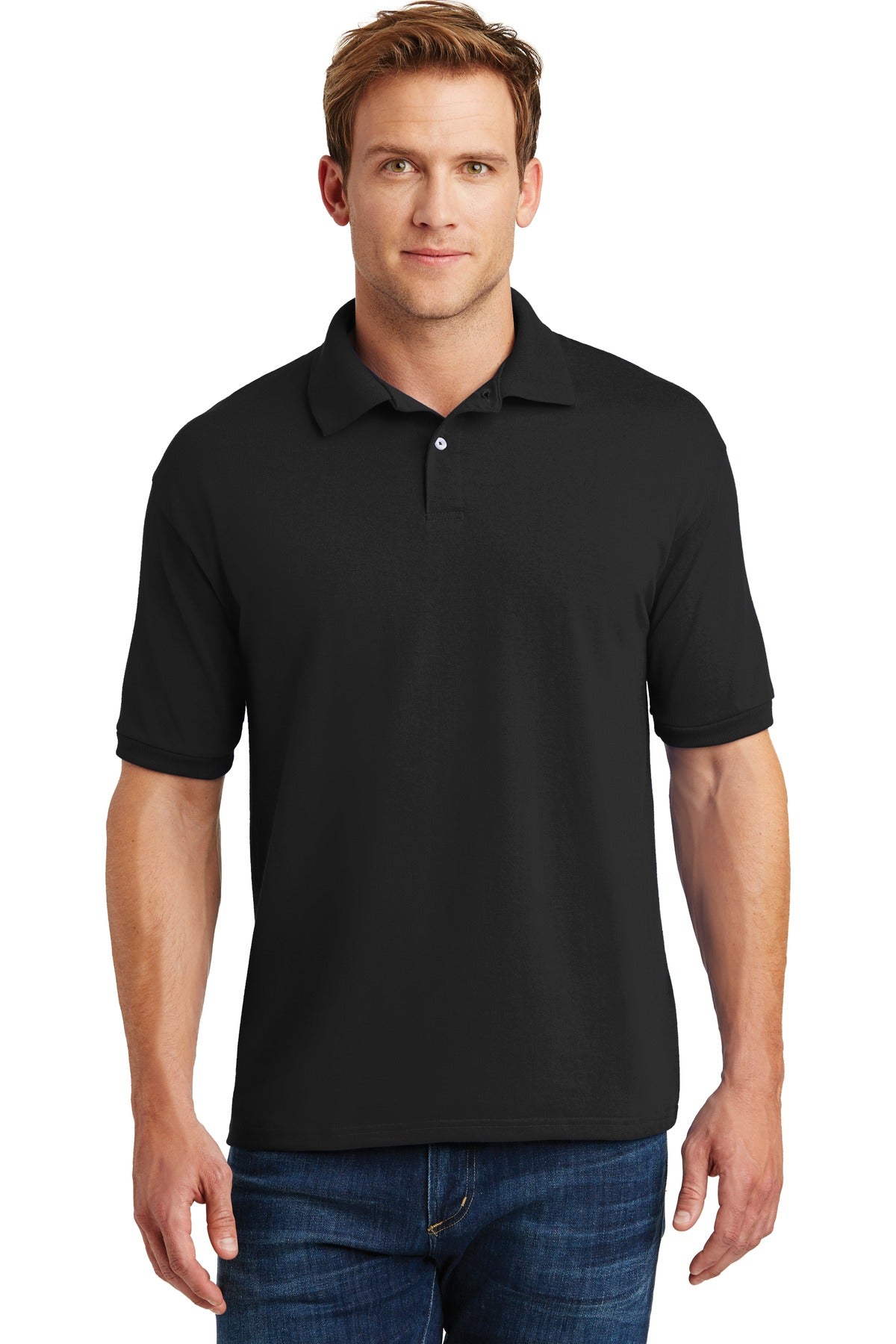 Front View of Black Hanes EcoSmart - 5.2-Ounce Jersey Knit Sport Shirt 054X