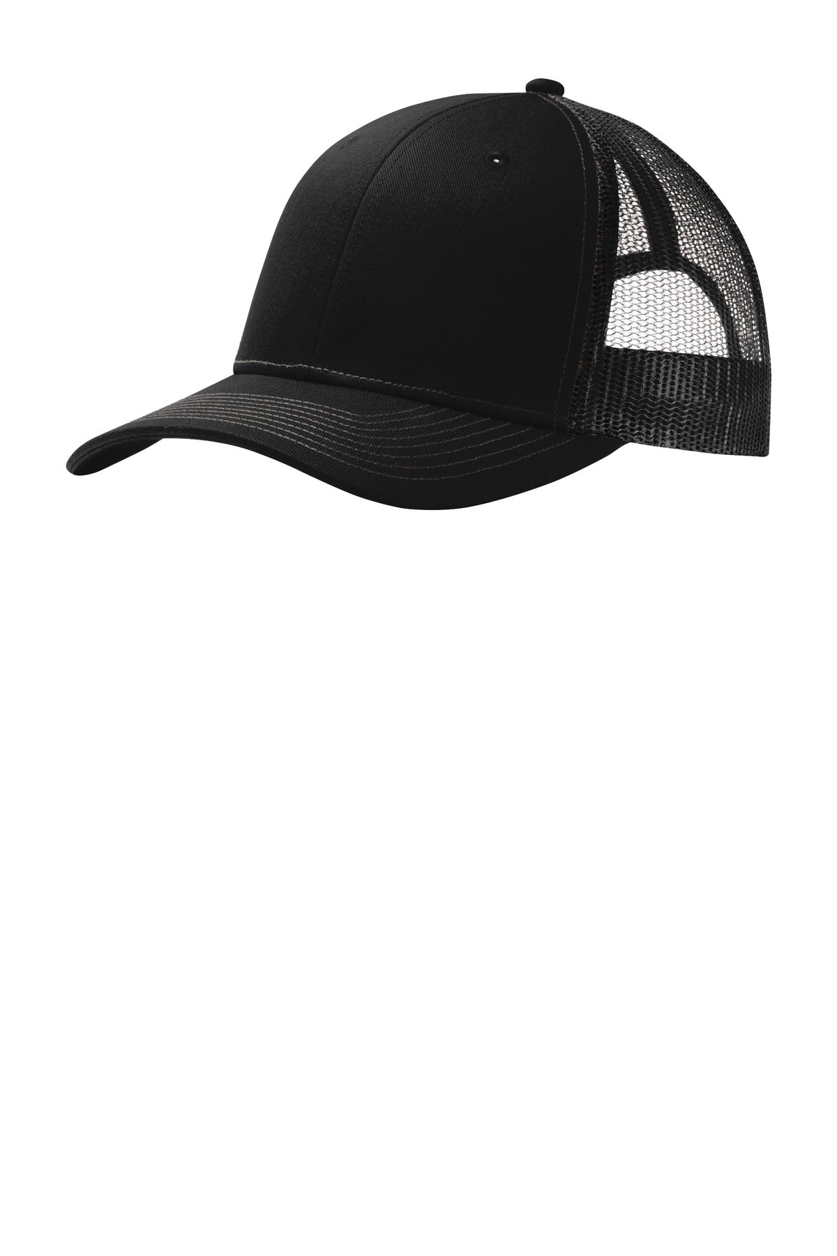 Front View of Black Port Authority Snapback Trucker Cap. C112