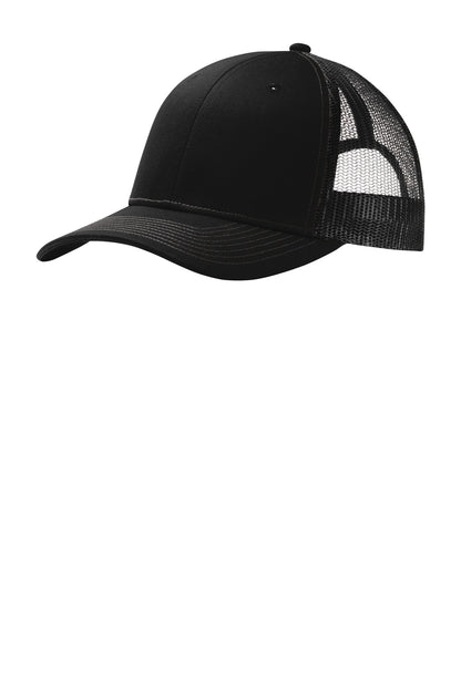 Front View of Black Port Authority Snapback Trucker Cap. C112