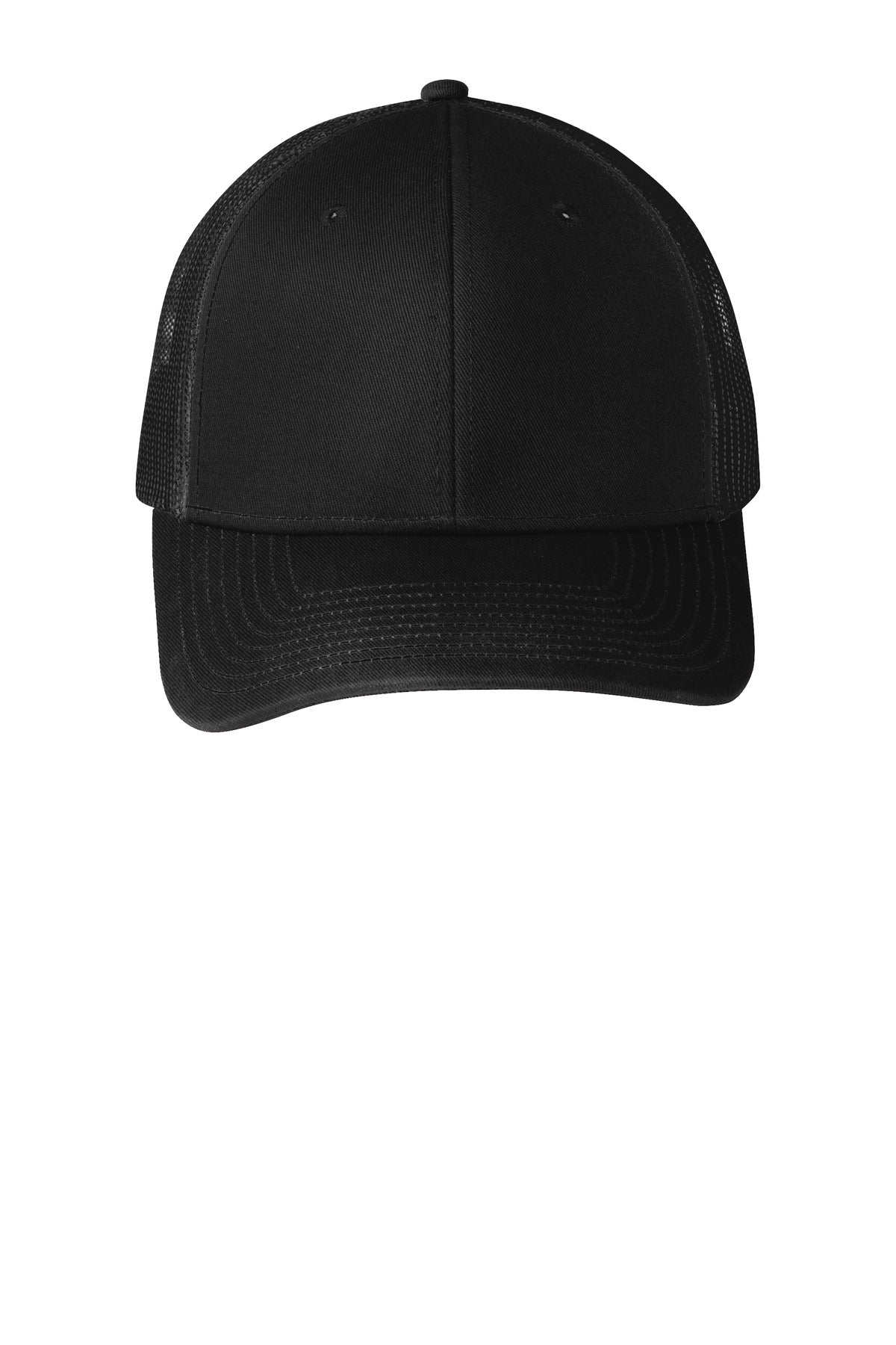 Front View of Black Port Authority Snapback Trucker Cap. C112