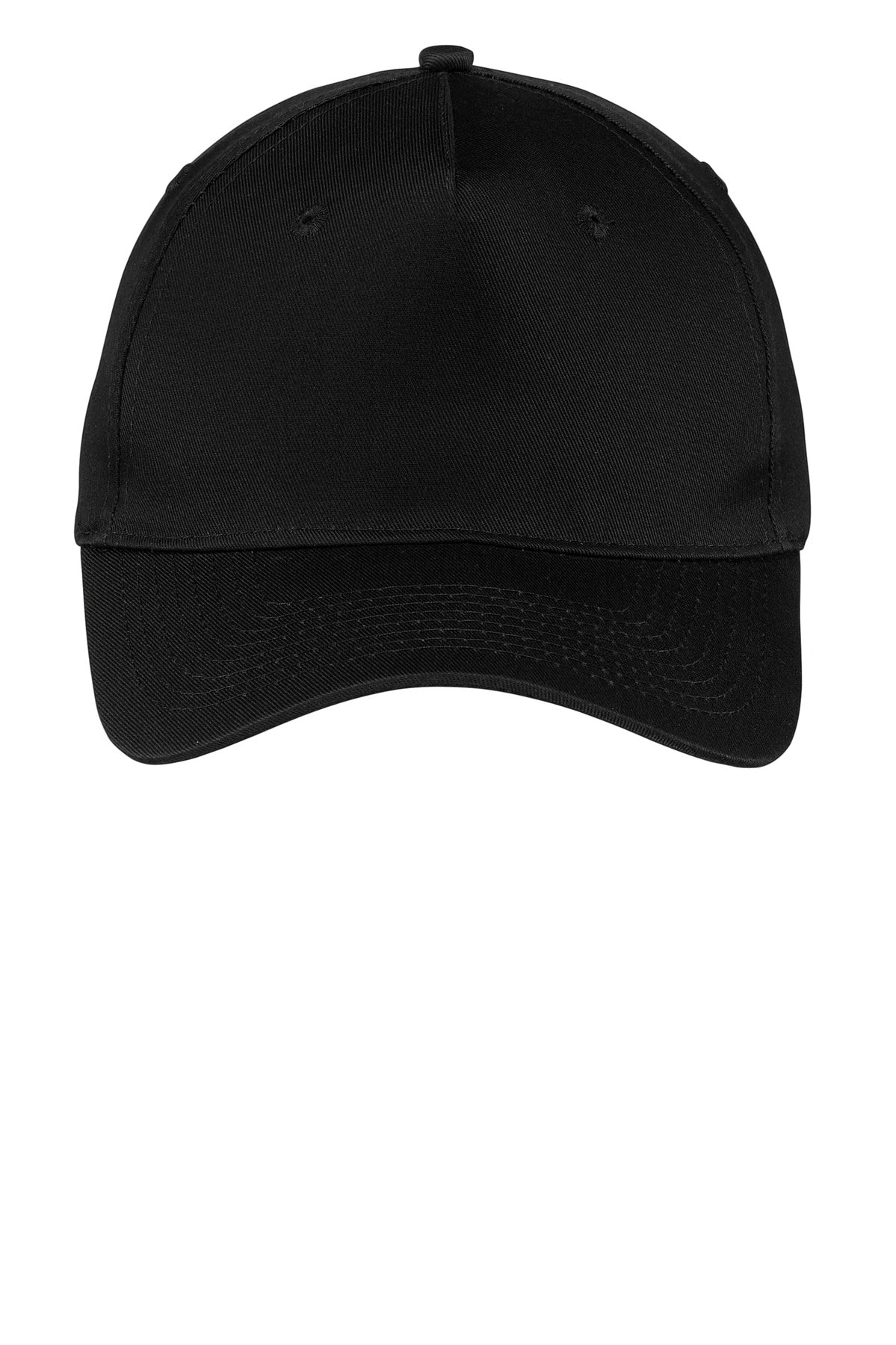 Front View of Black Port & Company Five-Panel Twill Cap. CP86
