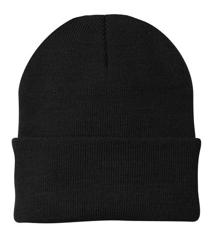 Front View of Black Port & Company Knit Cap. CP90