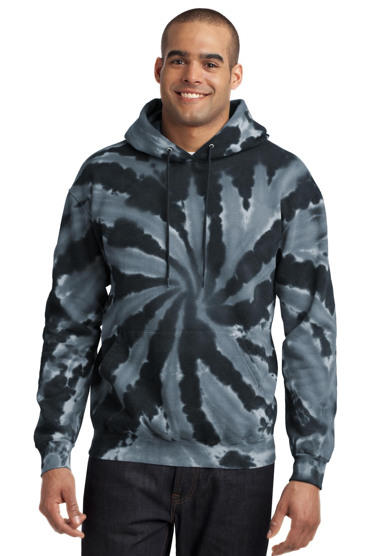 Front View of Black Port & Company Tie-Dye Pullover Hooded Sweatshirt. PC146