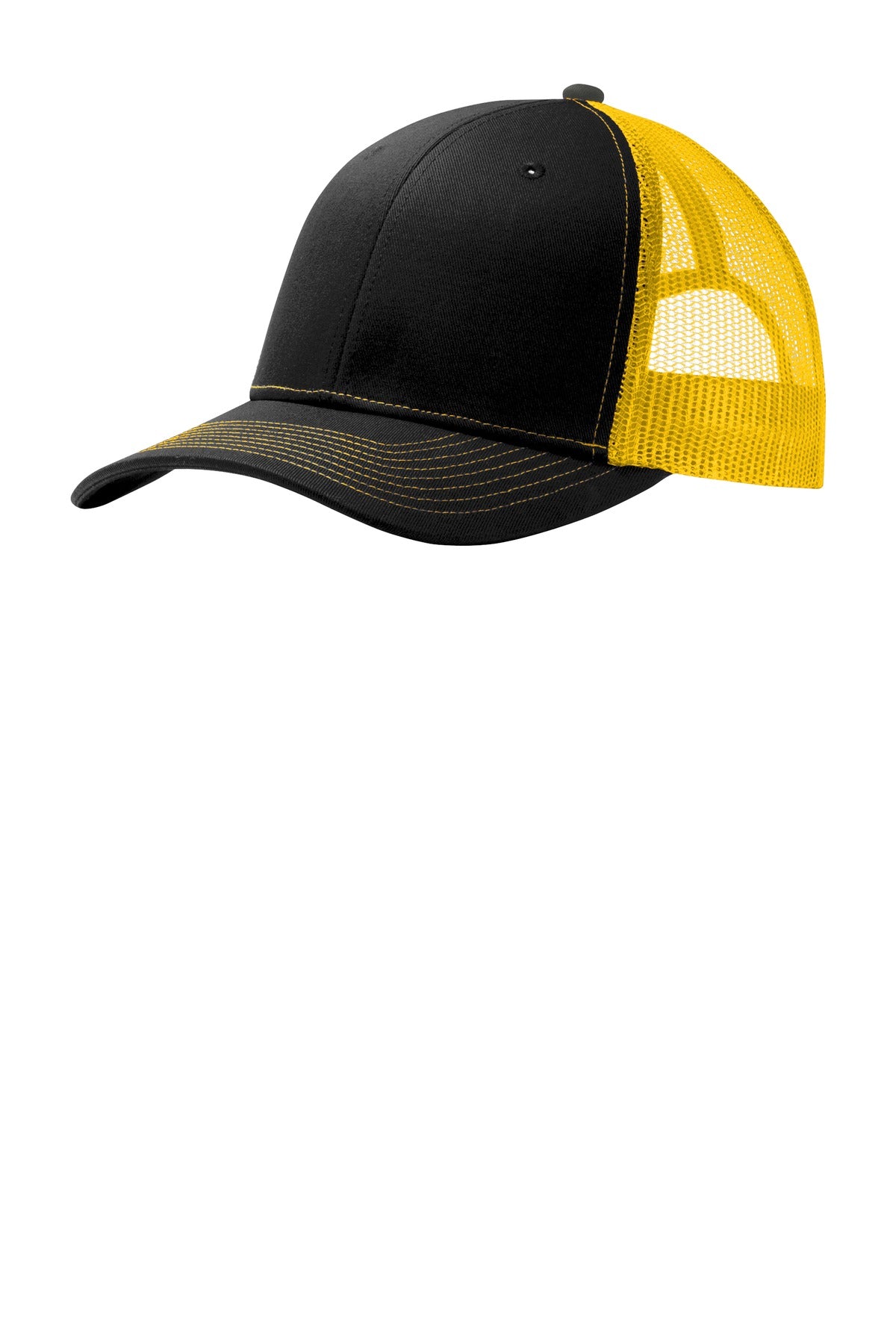 Front View of Black/Gold Port Authority Snapback Trucker Cap. C112