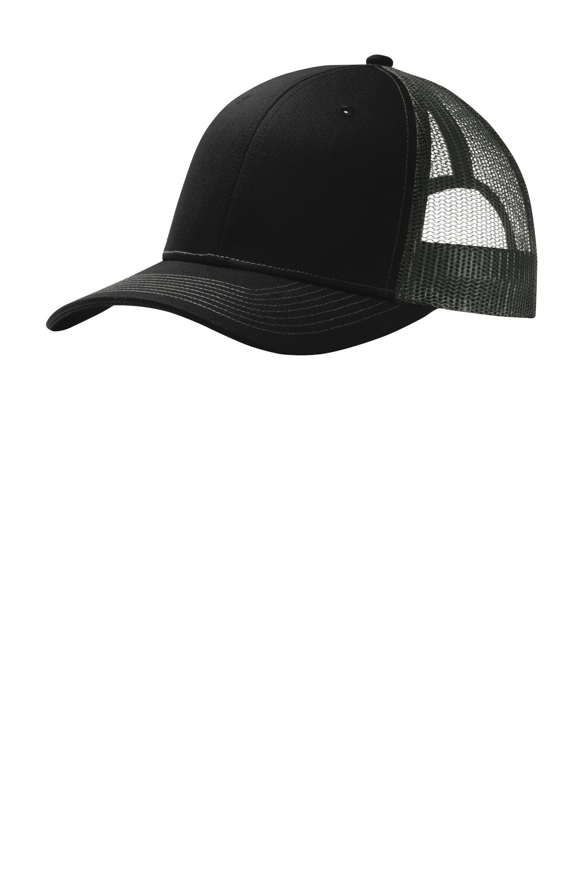 Front View of Black/Grey Stl Port Authority Snapback Trucker Cap. C112